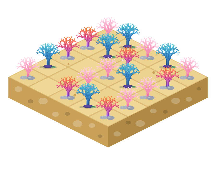 An isometric reef island covered in fan, azure and sunset corals